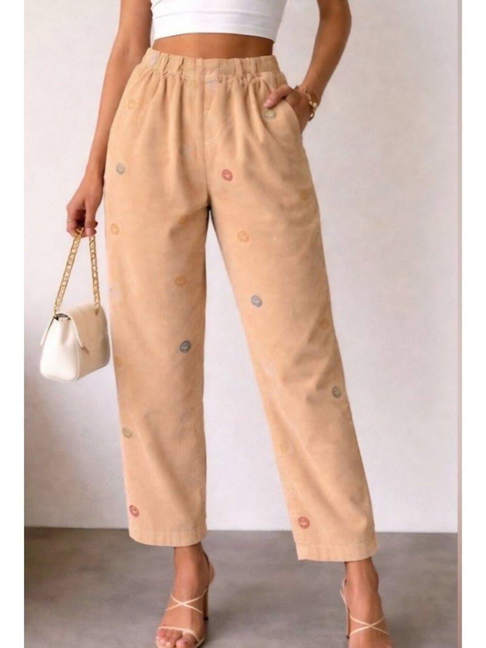 Urban Outfitters Beige Corduroy Pants With Multicolor Smiley Face Embroidery Ela - Picture 11 of 11